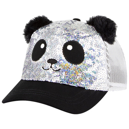 Skechers Junior Sequin Panda Cap ZKCH3323 A sequined panda hat features a glossy silver front with a panda face design complete with large eyes and black ears and a black visor with a mesh back.