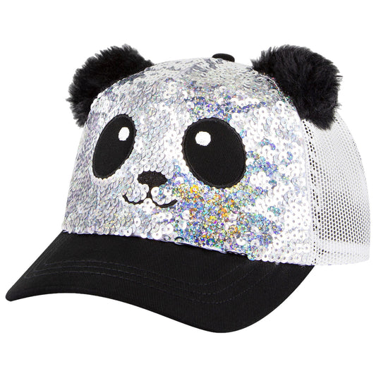 Skechers Junior Sequin Panda Cap ZKCH3323 A sequined panda hat features a glossy silver front with a panda face design complete with large eyes and black ears and a black visor with a mesh back.