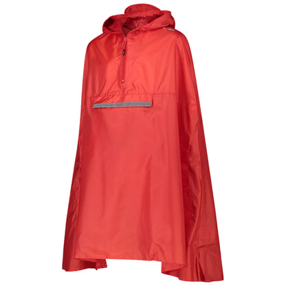 A bright red rain poncho stands upright showcasing its hood and front zipper pocket designed to protect the wearer from rain or wind in outdoor environments.
