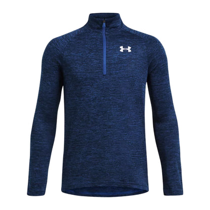 A blue long-sleeve athletic shirt with a quarter zip and high collar is displayed frontally featuring a logo on the upper left side, suitable for active wear or casual use.