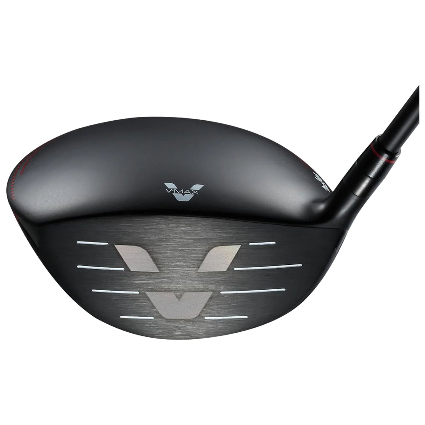 A golf club driver features a sleek black head with distinctive markings on the face designed for precision hitting its shaft extends from the back ready for a swing