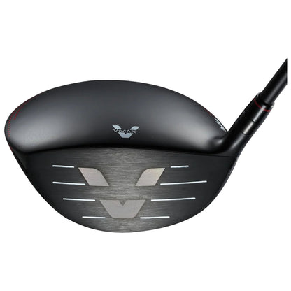 A golf club driver features a sleek black head with distinctive markings on the face designed for precision hitting its shaft extends from the back ready for a swing
