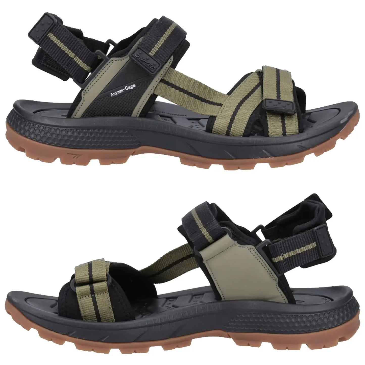 A pair of outdoor sandals features adjustable straps and a cushioned sole with a textured grip, suitable for various terrains, presented in a neutral color scheme with dark and light tones.
