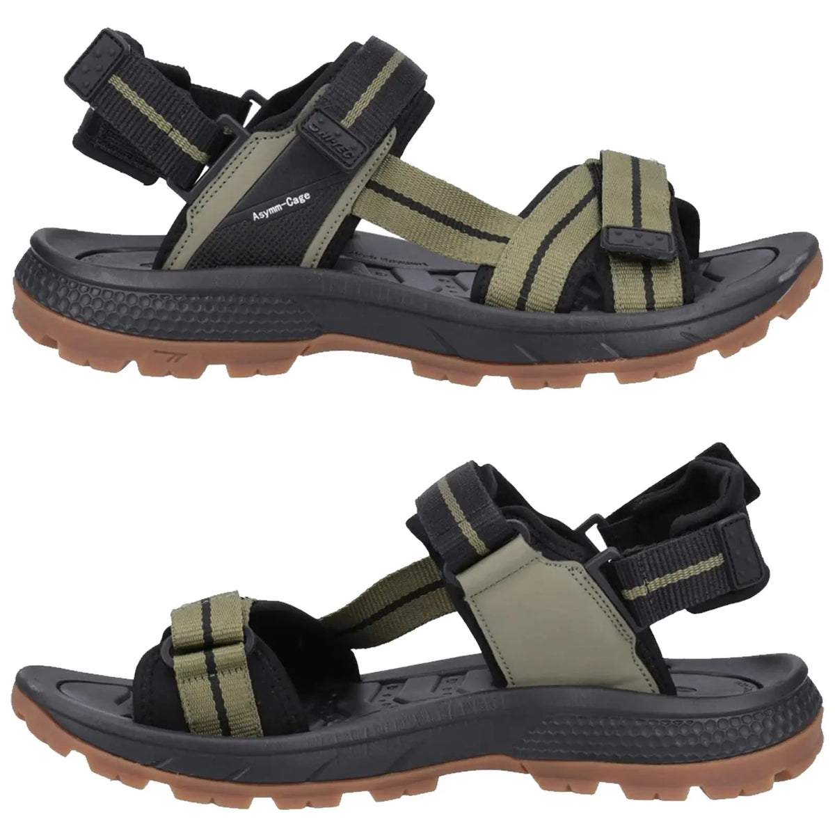 A pair of outdoor sandals features adjustable straps and a cushioned sole with a textured grip, suitable for various terrains, presented in a neutral color scheme with dark and light tones.