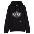 A black hoodie features a large graphic logo on the front reading DICKIES and the text SINCE 1922 below it with a front pocket for storage and warmth.