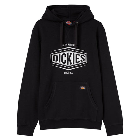 A black hoodie features a large graphic logo on the front reading DICKIES and the text SINCE 1922 below it with a front pocket for storage and warmth.