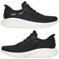 Black athletic shoes are displayed from multiple views showcasing their textured fabric and white soles indicating a sporty design suitable for casual wear or exercise.