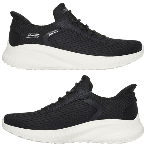 Black athletic shoes are displayed from multiple views showcasing their textured fabric and white soles indicating a sporty design suitable for casual wear or exercise.