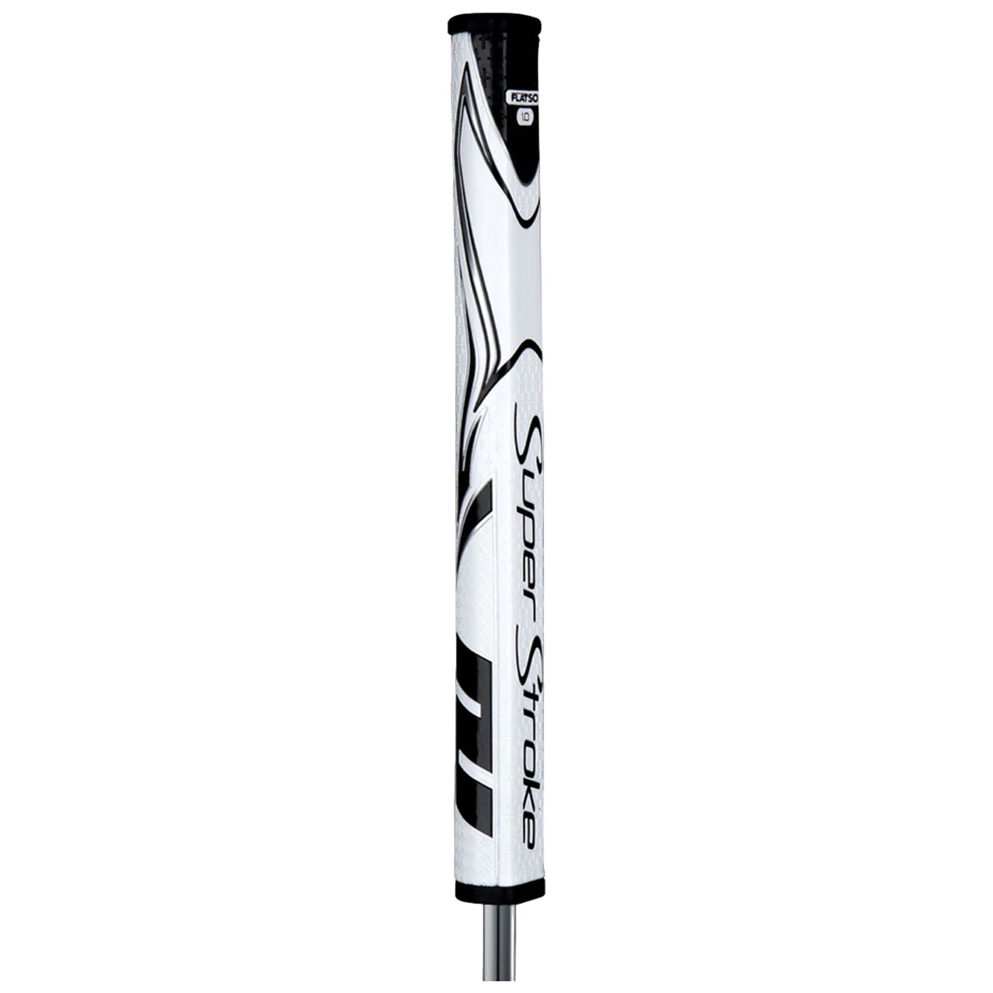 A round golf putter grip with a textured surface and a white and black design is positioned upright against a plain background showcasing the brand name Super Stroke prominently displayed.
