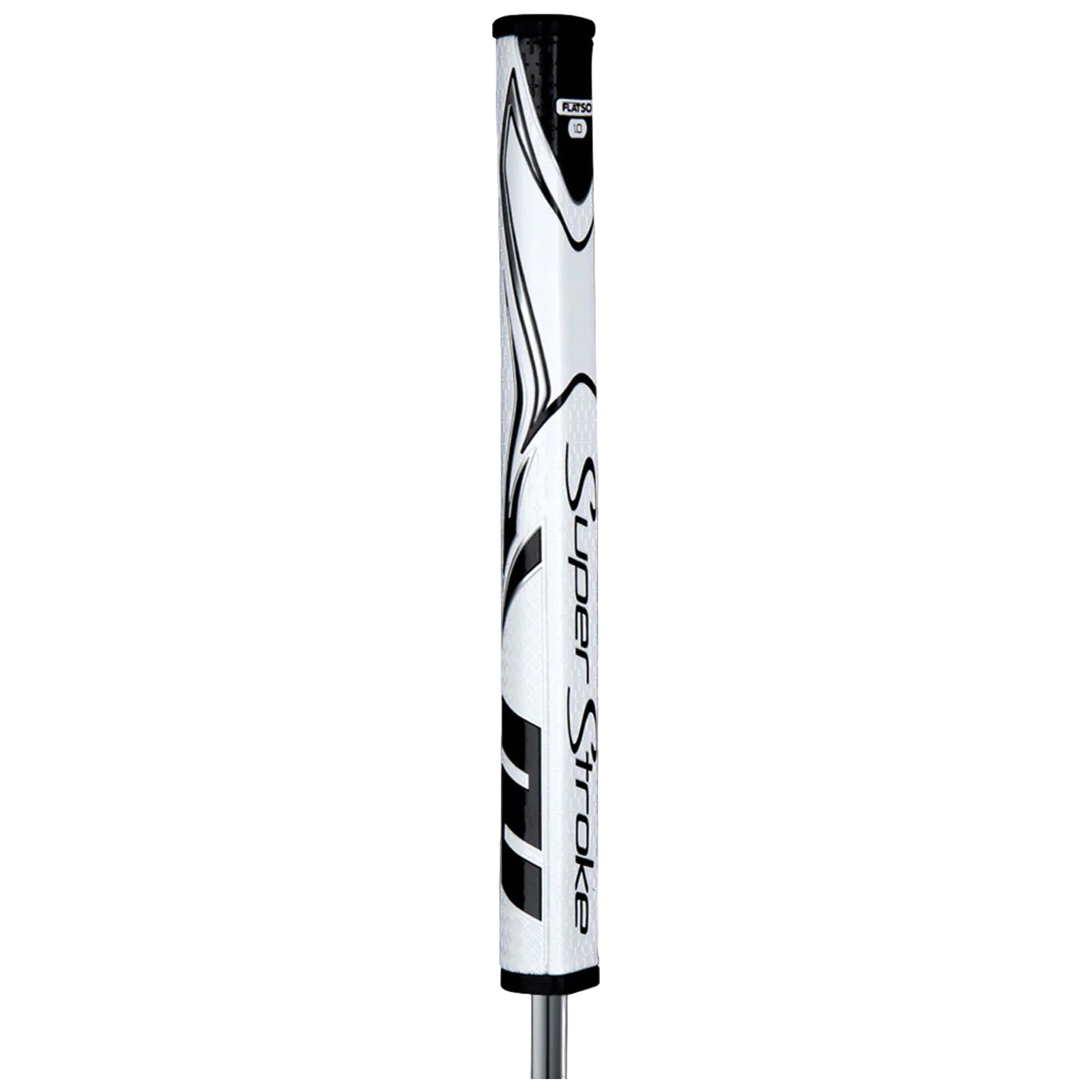 A round golf putter grip with a textured surface and a white and black design is positioned upright against a plain background showcasing the brand name Super Stroke prominently displayed.