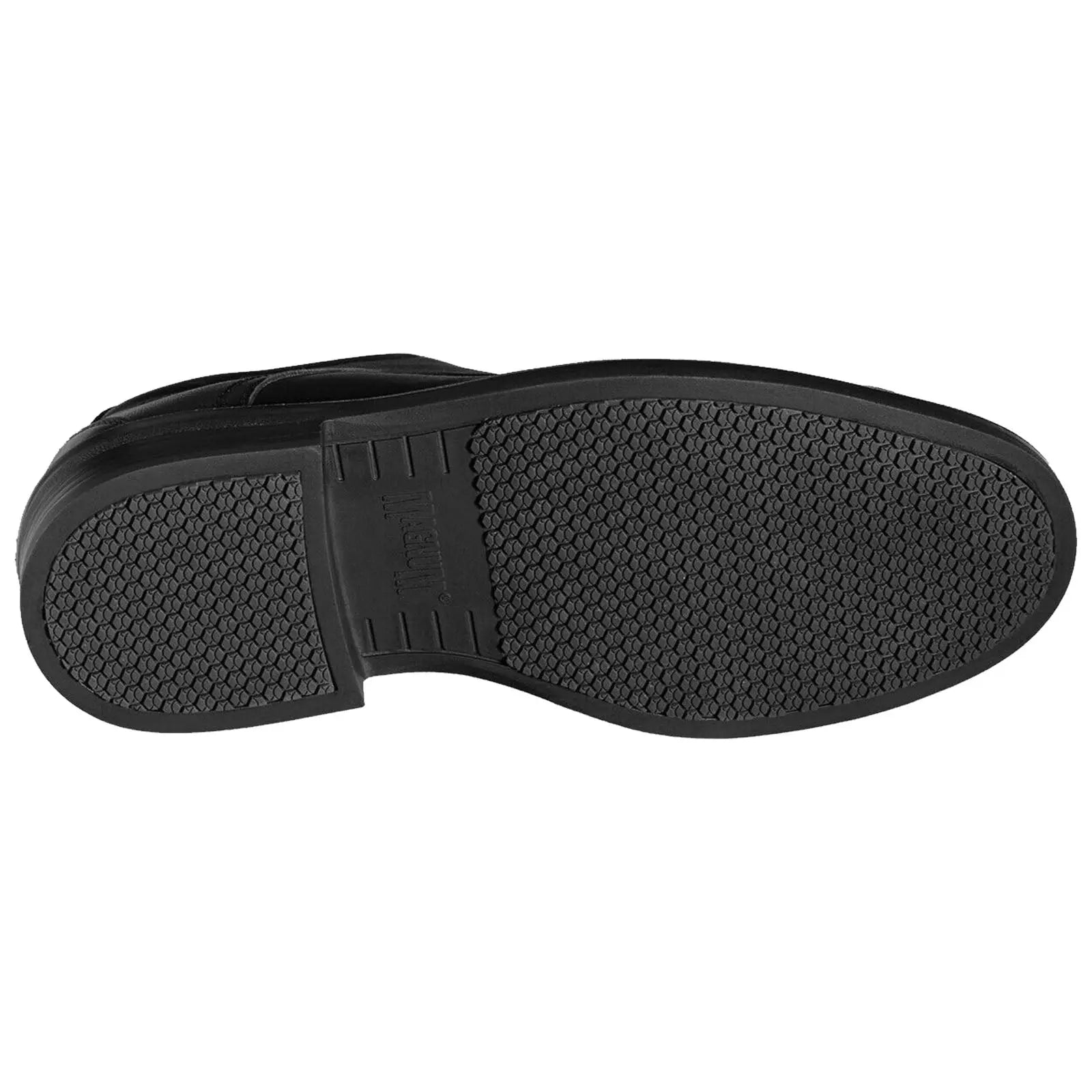 Black shoe sole with a textured surface for grip placed on a flat surface showcasing a simple and functional design intended for durability and traction during movement.