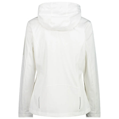 A white hooded jacket is displayed with its back facing the viewer showcasing a sleek design and smooth fabric suitable for outdoor activities or casual wear.