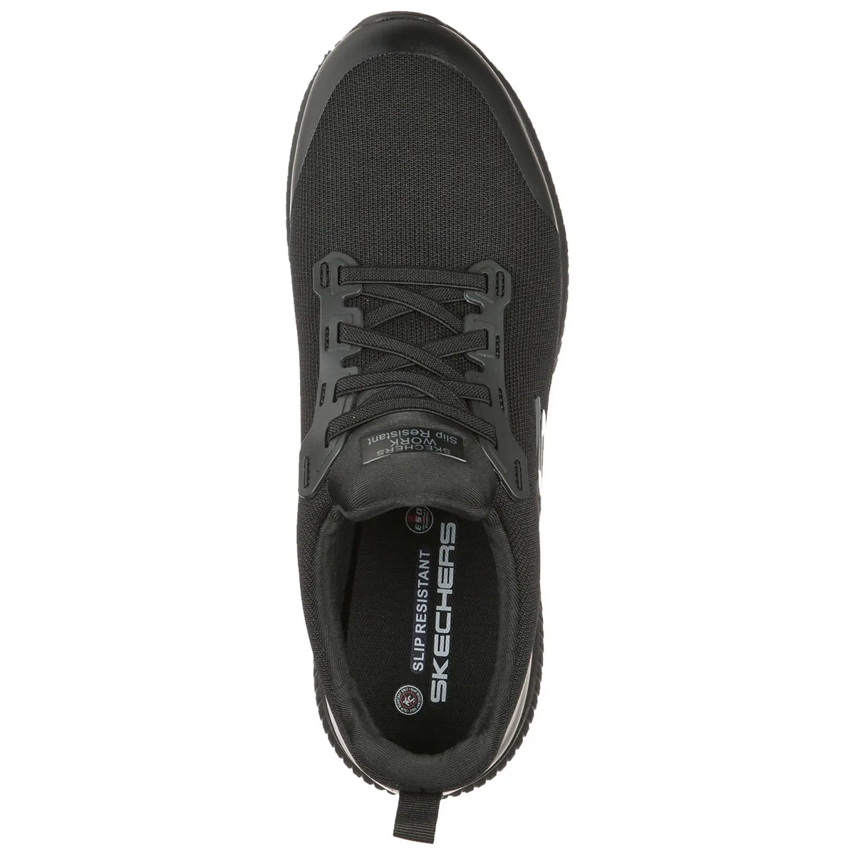 A black sneaker with a textured upper laces through eyelets rests flat. The insole features "SKECHERS" and "SLIP RESISTANT" indicating functionality. Designed for comfort and safety in various environments.