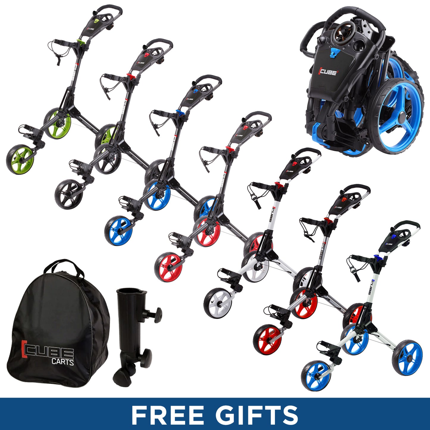 A series of colorful golf push carts lined up displaying various colors including green blue red and white each cart has wheels and handles for maneuvering on a golf course.