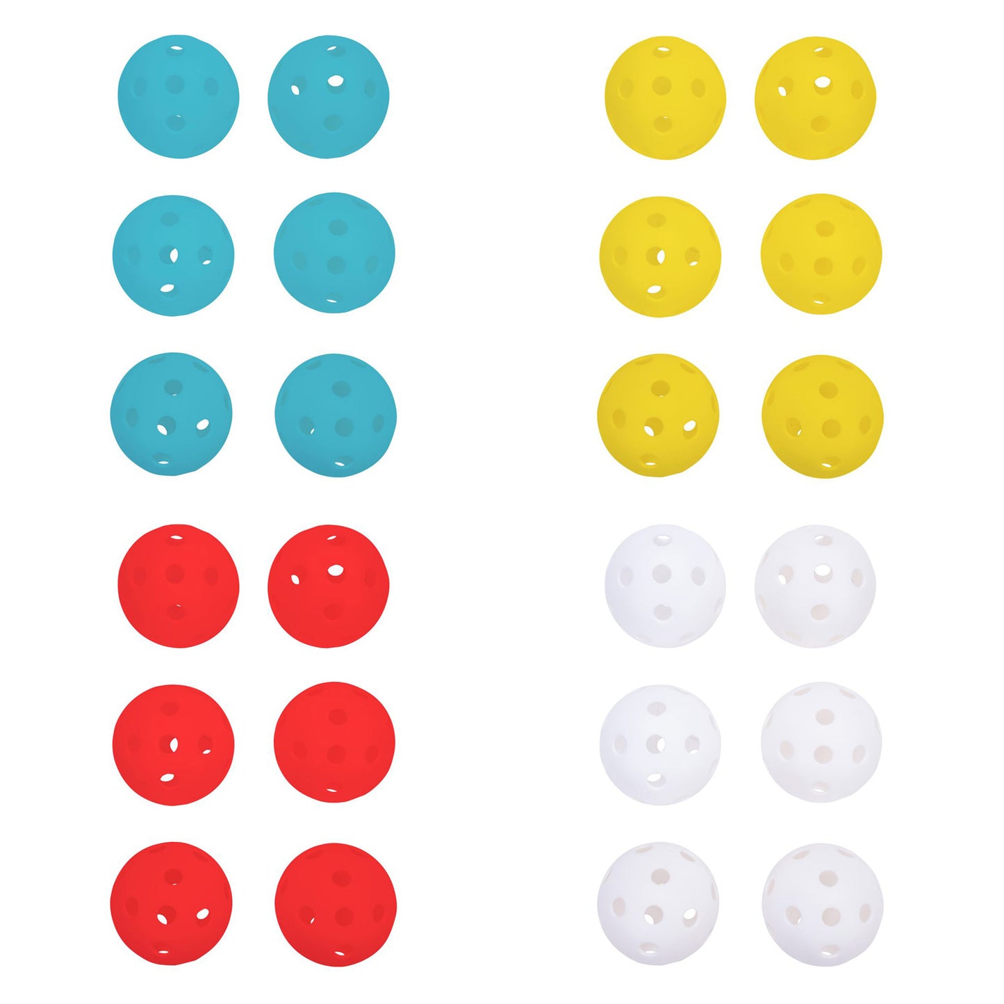 Nine balls of four colors are arranged in a grid pattern on a plain background. The colors are blue red yellow and white with each color occupying a separate row.