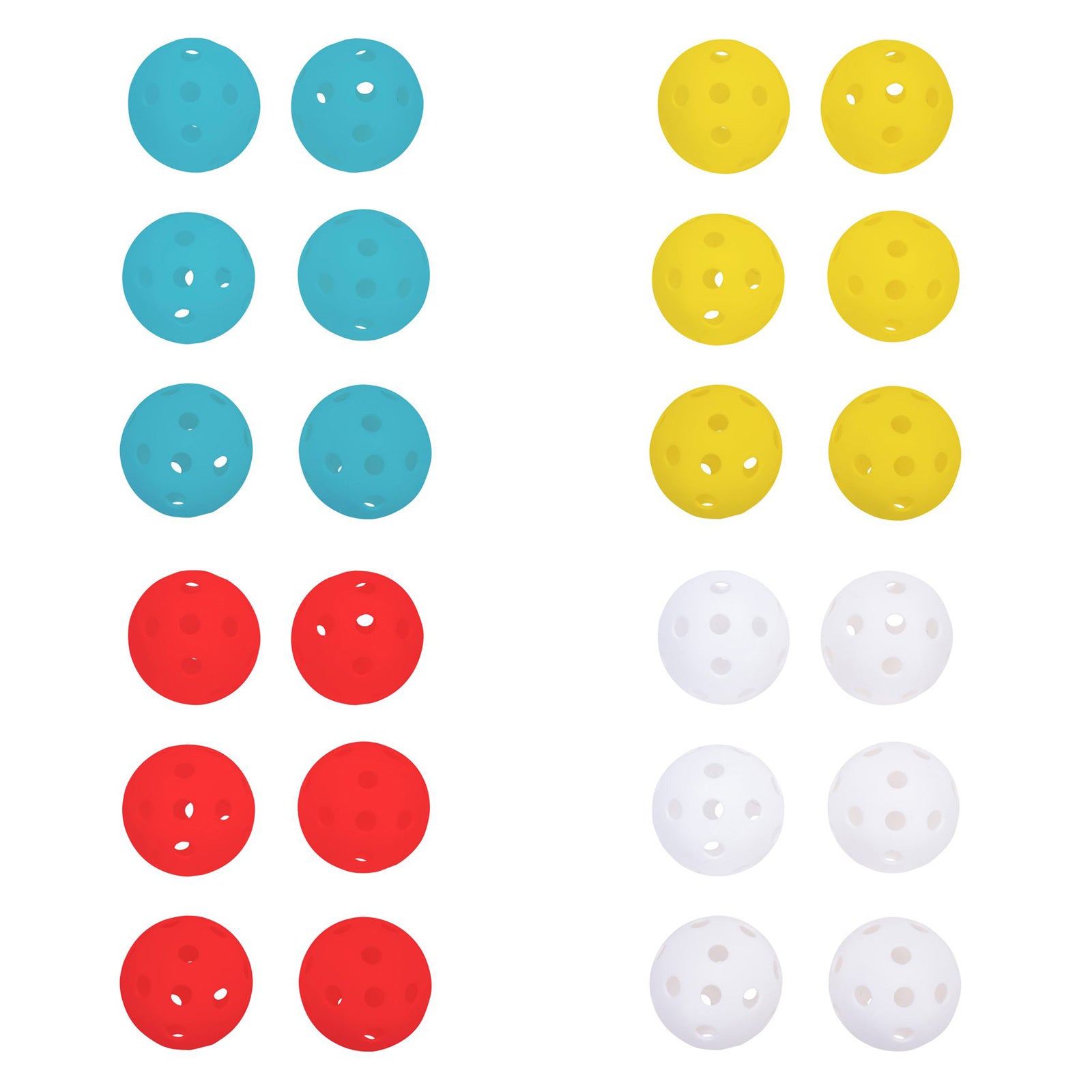 Nine balls of four colors are arranged in a grid pattern on a plain background. The colors are blue red yellow and white with each color occupying a separate row.