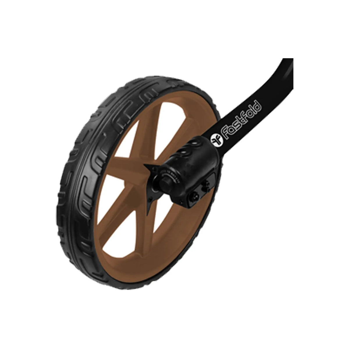 A black and brown wheel with a five-spoke design is mounted on a black axle featuring a logo which suggests it is part of a folding device used for movement.