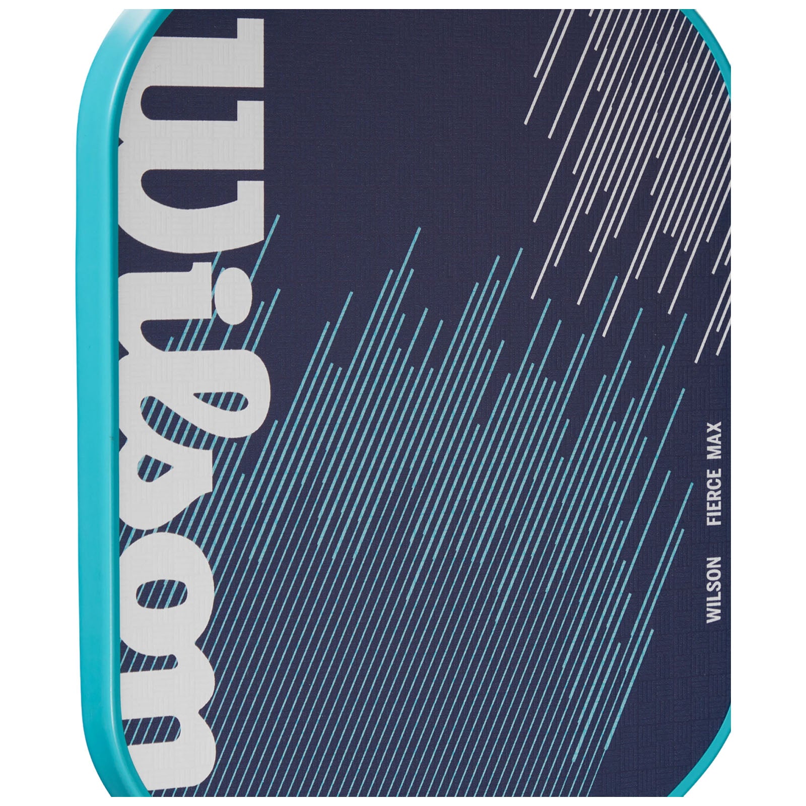 A blue and dark navy tennis racket cover displays the brand name "Wilson" in large white letters with diagonal lines and patterns, indicating a stylish design meant for sport protection.