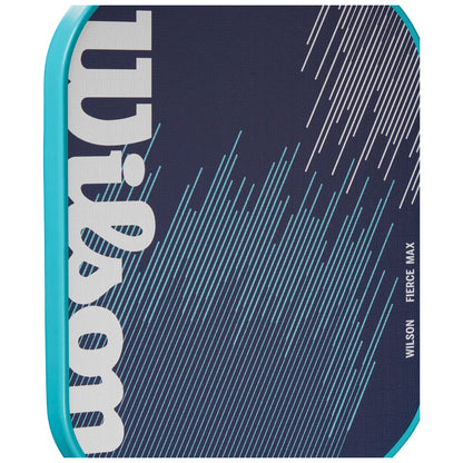 A blue and dark navy tennis racket cover displays the brand name "Wilson" in large white letters with diagonal lines and patterns, indicating a stylish design meant for sport protection.