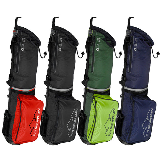 Four golf bags in different colors hang vertically. Each bag features a main compartment and an attached side pocket. The colors are black red green and navy.