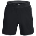 Black athletic shorts are displayed hanging flat with an elastic waistband and no visible logos they are made from a lightweight fabric suitable for exercising or casual wear