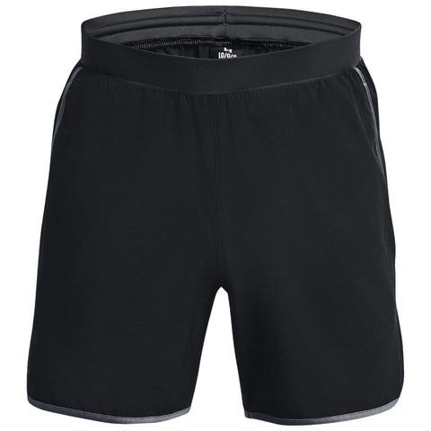 Black athletic shorts are displayed hanging flat with an elastic waistband and no visible logos they are made from a lightweight fabric suitable for exercising or casual wear