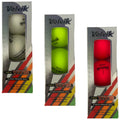 Three boxes containing golf balls are displayed. The left box has two white balls, the middle contains two bright green balls, and the right box holds two red balls. Each box features the brand Volvik and the text "NEW VIVID" along with descriptions of the balls.