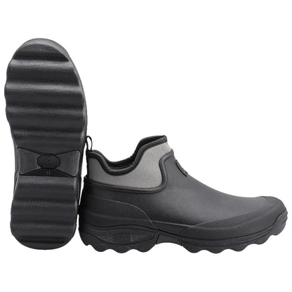 A pair of black waterproof shoes are positioned side by side showcasing the textured soles and smooth surfaces designed for outdoor use in wet conditions.