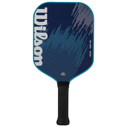 A navy blue pickleball paddle with a textured surface and a curved top is held upright. The handle is black with a textured grip, designed for sports use. The paddle features diagonal lines and the brand name prominently displayed.