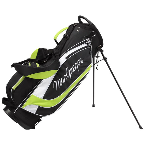 A black and lime green golf bag stands upright with a sturdy support leg extended its side features a prominent logo and multiple pockets for storage in a clean background