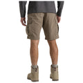 A person wears cargo shorts and hiking boots standing with their back to the viewer in an outdoor setting possibly suggestive of leisure or adventure.