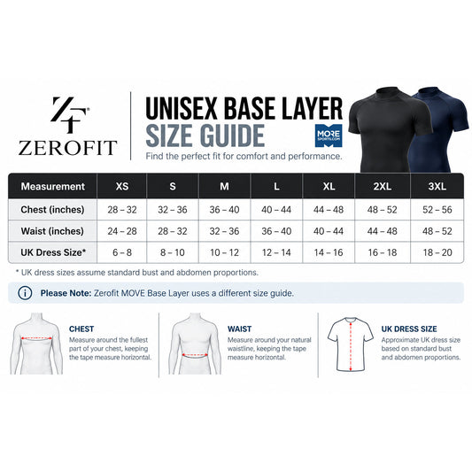 Zerofit Unisex Base Layer Size Guide