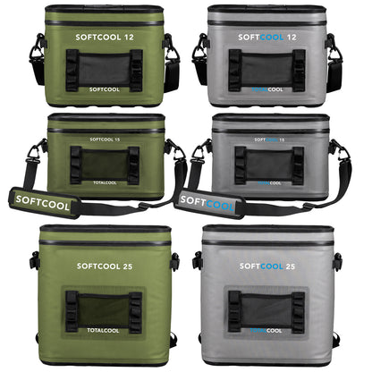 A series of six soft-sided coolers in green and gray are displayed. Each cooler is labeled with different sizes: SOFTCOOL 12, SOFTCOOL 15, and SOFTCOOL 25.