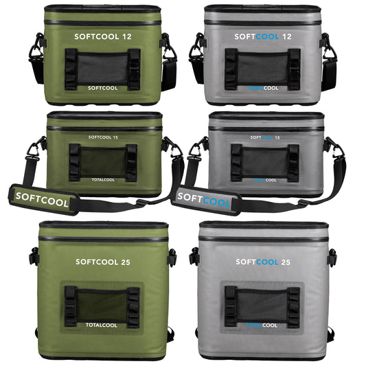 A series of six soft-sided coolers in green and gray are displayed. Each cooler is labeled with different sizes: SOFTCOOL 12, SOFTCOOL 15, and SOFTCOOL 25.