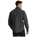 A man wearing a dark gray shirt is seen from the back with his head turned slightly to the side in a simple background that appears to be plain white.