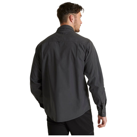 A man wearing a dark gray shirt is seen from the back with his head turned slightly to the side in a simple background that appears to be plain white.