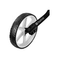 A black and white wheel is displayed with a thick tire tread and a five-spoke design attached to a black rod labeled fastfold, suggesting a component for a folding mechanism.