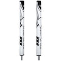 A golf putter grip is shown in white with black accents and a smooth texture indicating a focus on comfort and control in a golfing context.