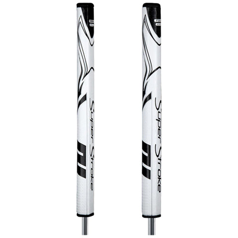 A golf putter grip is shown in white with black accents and a smooth texture indicating a focus on comfort and control in a golfing context.