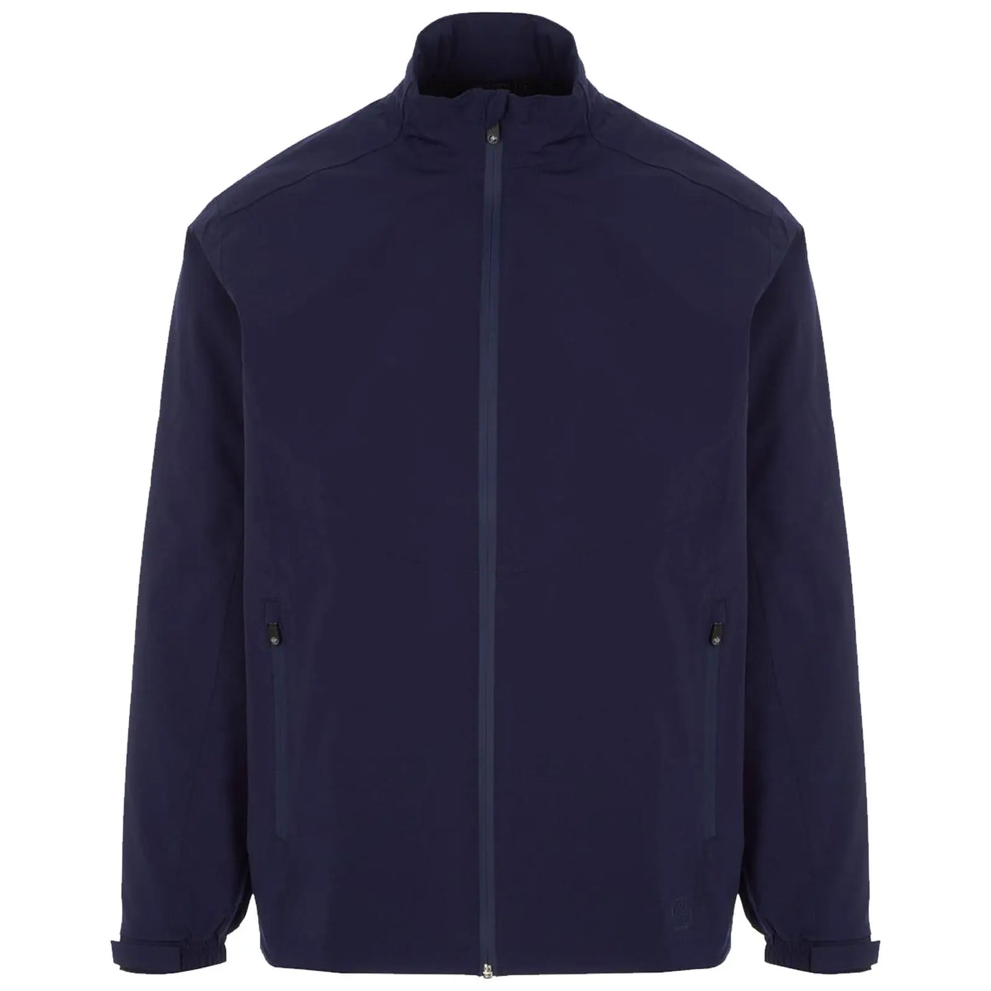 A navy jacket is displayed frontally with a high collar and full zipper featuring two side pockets. The fabric appears smooth and appropriate for casual or outdoor wear.