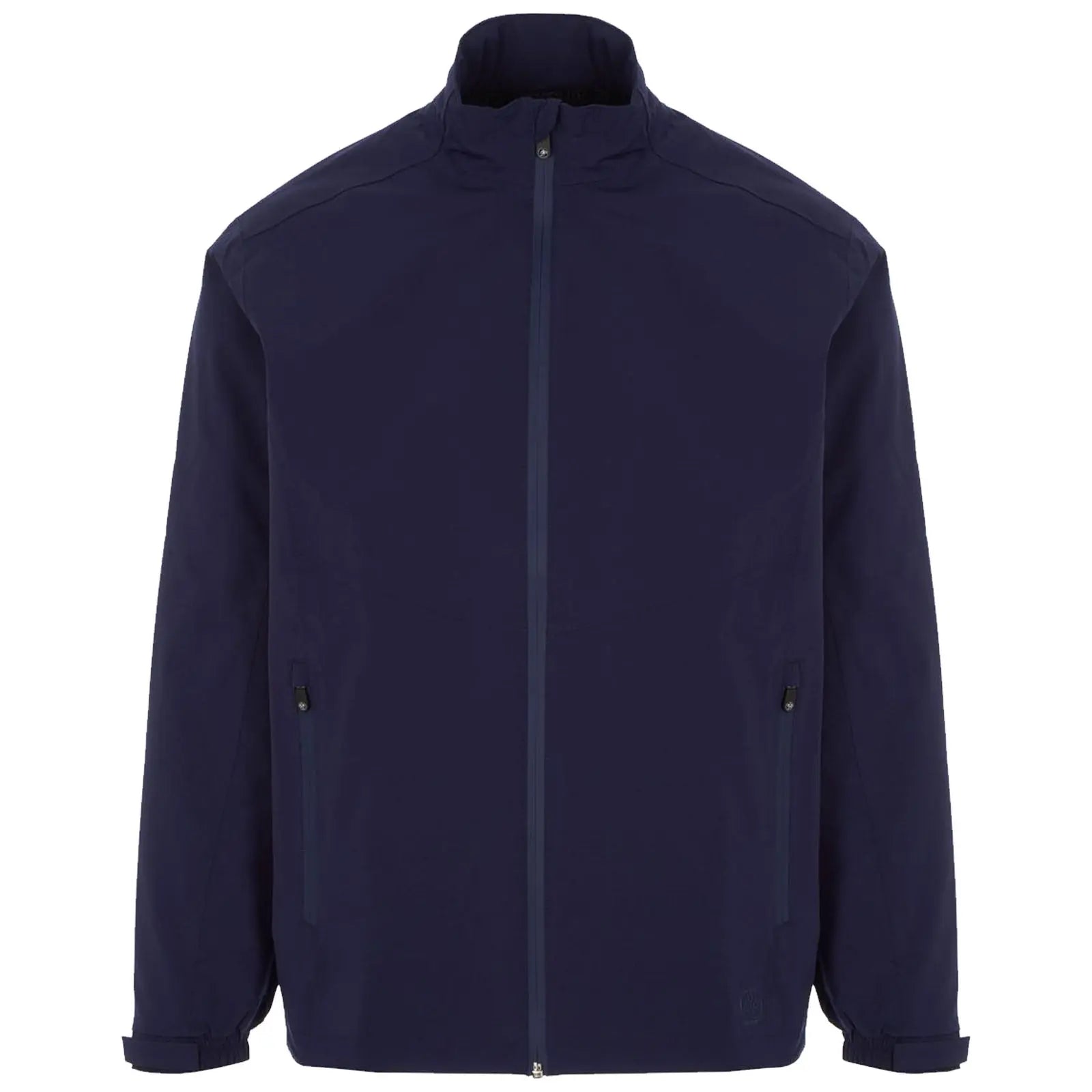 A navy jacket is displayed frontally with a high collar and full zipper featuring two side pockets. The fabric appears smooth and appropriate for casual or outdoor wear.