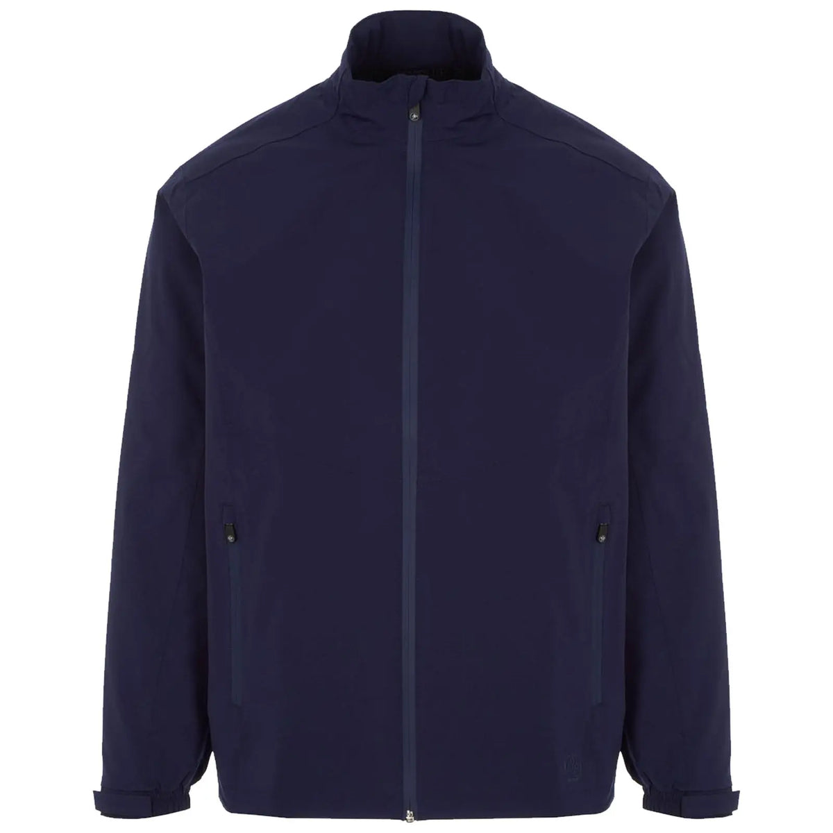 A navy jacket is displayed frontally with a high collar and full zipper featuring two side pockets. The fabric appears smooth and appropriate for casual or outdoor wear.
