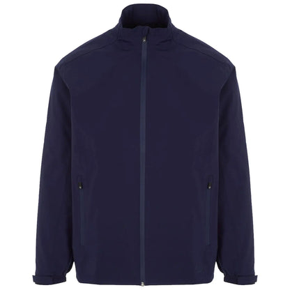 A navy jacket is displayed frontally with a high collar and full zipper featuring two side pockets. The fabric appears smooth and appropriate for casual or outdoor wear.
