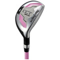 A golf club with a shiny silver head featuring pink accents is positioned upright, showcasing its angled face and grip designed for enhanced performance on the course.