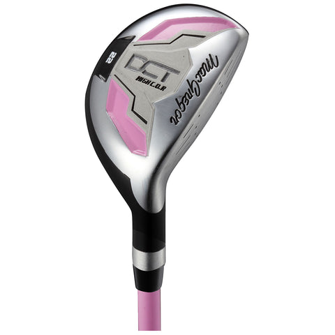 A golf club with a shiny silver head featuring pink accents is positioned upright, showcasing its angled face and grip designed for enhanced performance on the course.