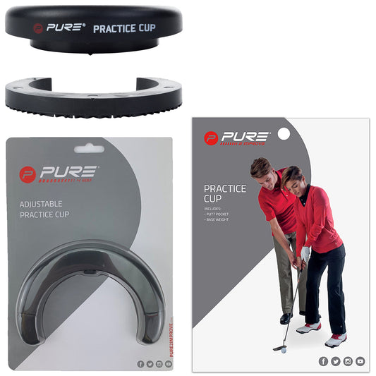 A black adjustable practice cup for golf is displayed with a clear package showing a couple practicing putting. The product includes a putt pocket and base weight for stability.