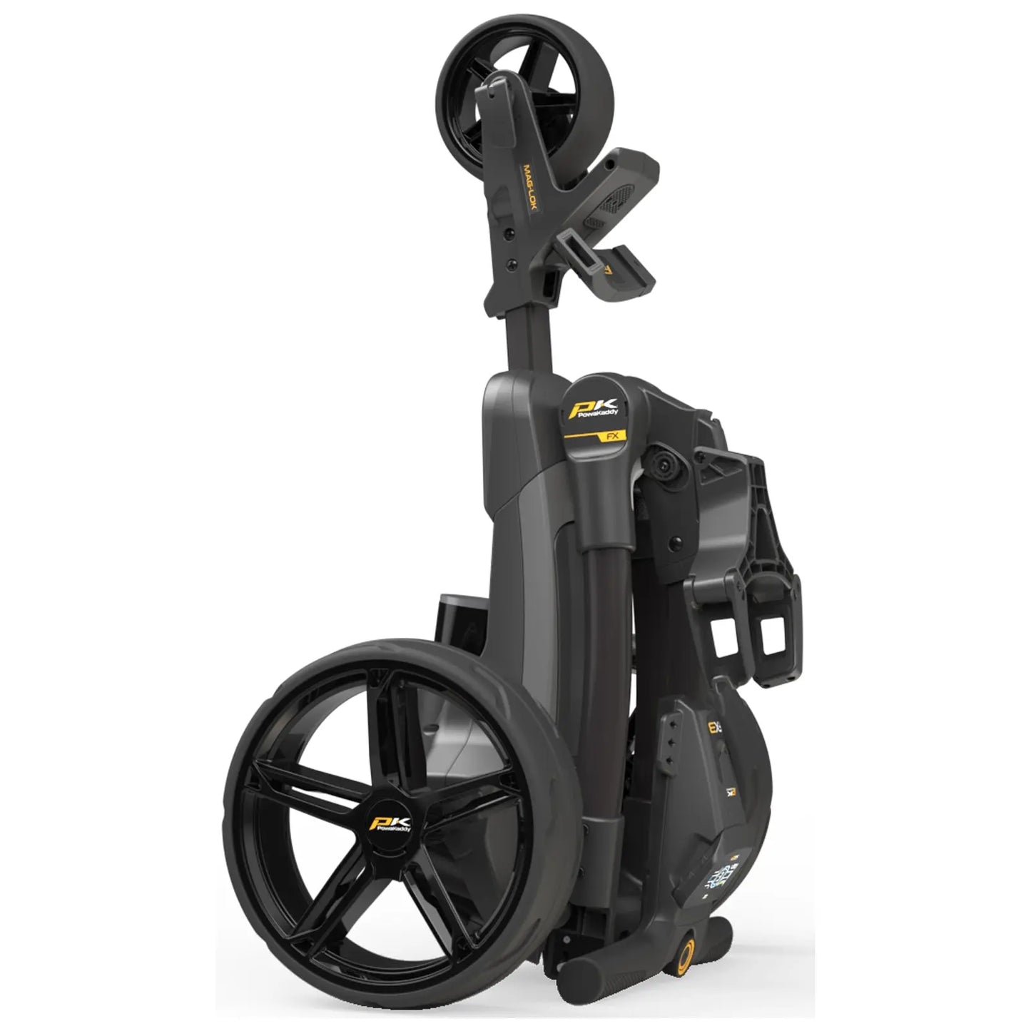 A compact golf push cart stands upright showcasing its black wheels and gray body. It is designed for easy transport and storage, illustrating innovative engineering for a golfing experience.