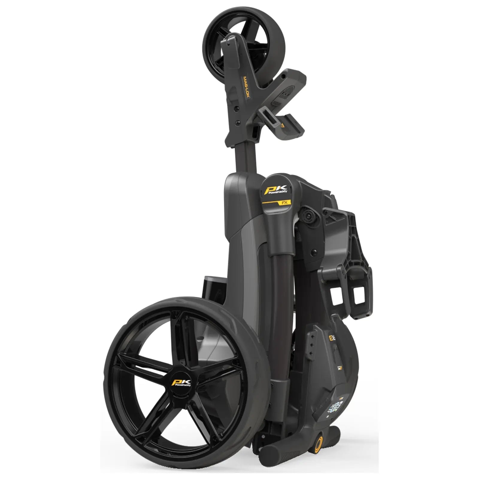 A compact golf push cart stands upright showcasing its black wheels and gray body. It is designed for easy transport and storage, illustrating innovative engineering for a golfing experience.