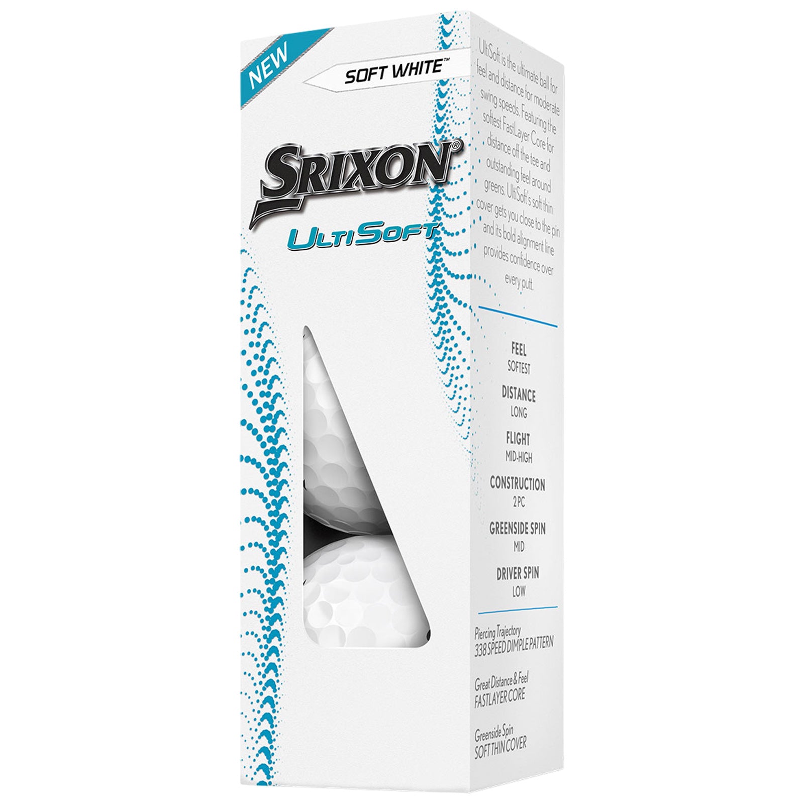 A white box contains three golf balls, labeled Srixon UltiSoft. It highlights features such as softness, distance, and construction. The context suggests a focus on high-quality golf equipment.