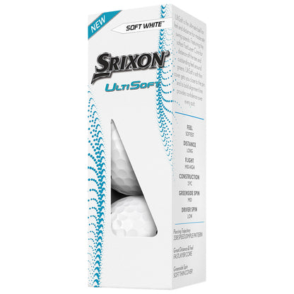 A white box contains three golf balls, labeled Srixon UltiSoft. It highlights features such as softness, distance, and construction. The context suggests a focus on high-quality golf equipment.